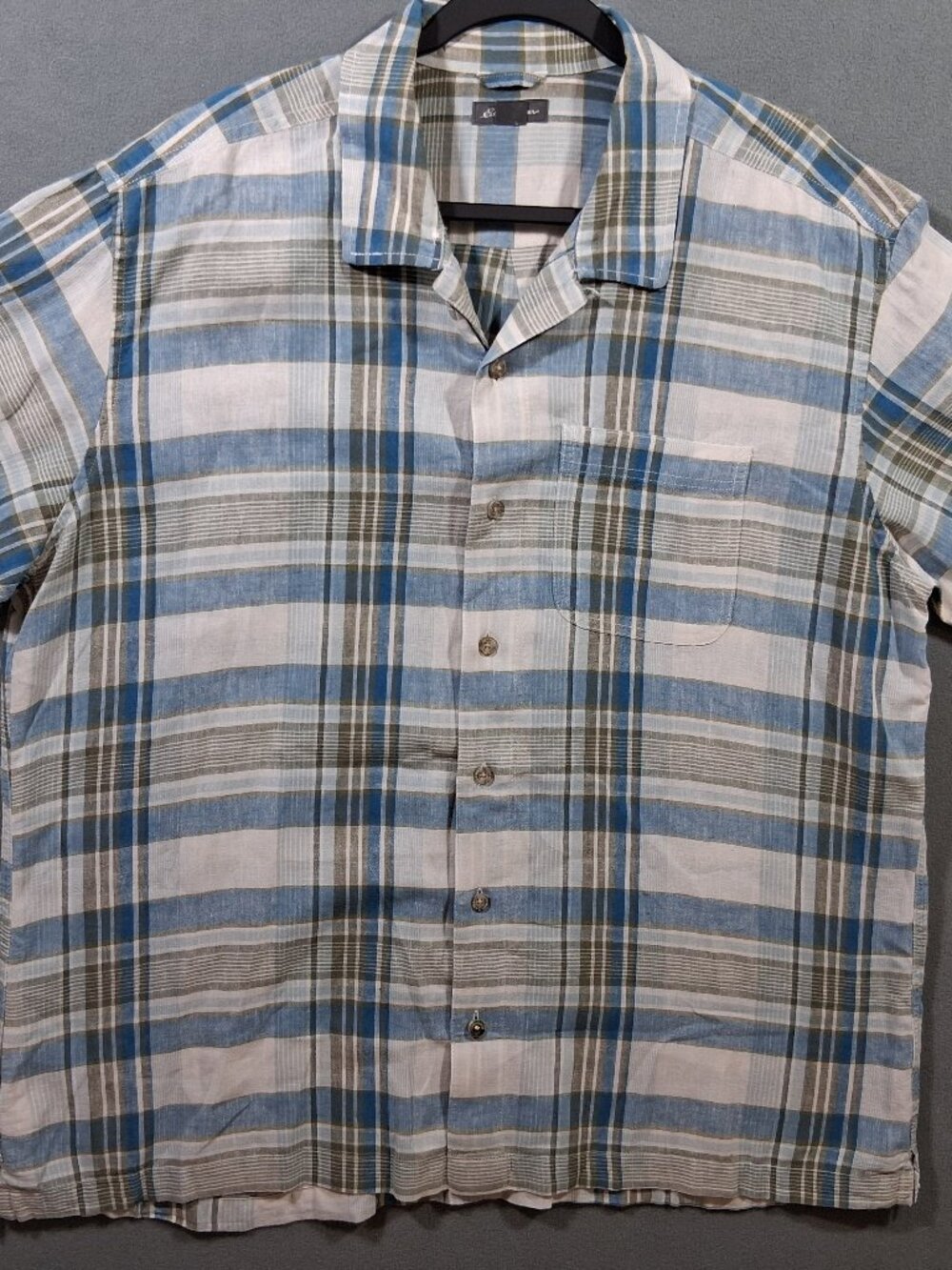 Men's XL Eddie Bauer SS Linen/Cotton Button-Up Blue/Tan Plaid Biz Casual *Flaw*